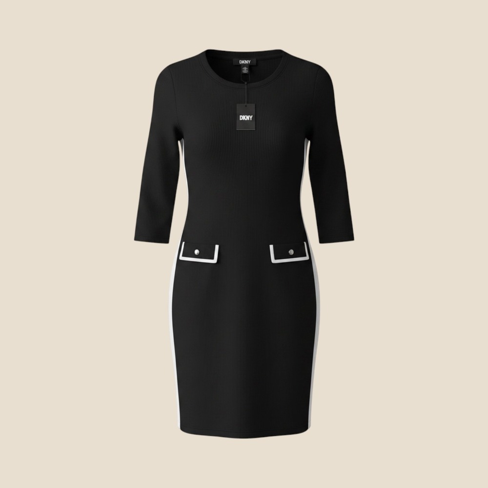 DKNY Women Black Ribbed Knit Sheath Dress White Stripe XL Sheath Corporate Chic